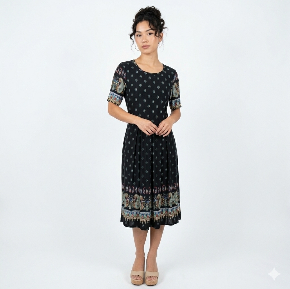 VINTAGE 90s Paisley Bohemian Dress Black Teal